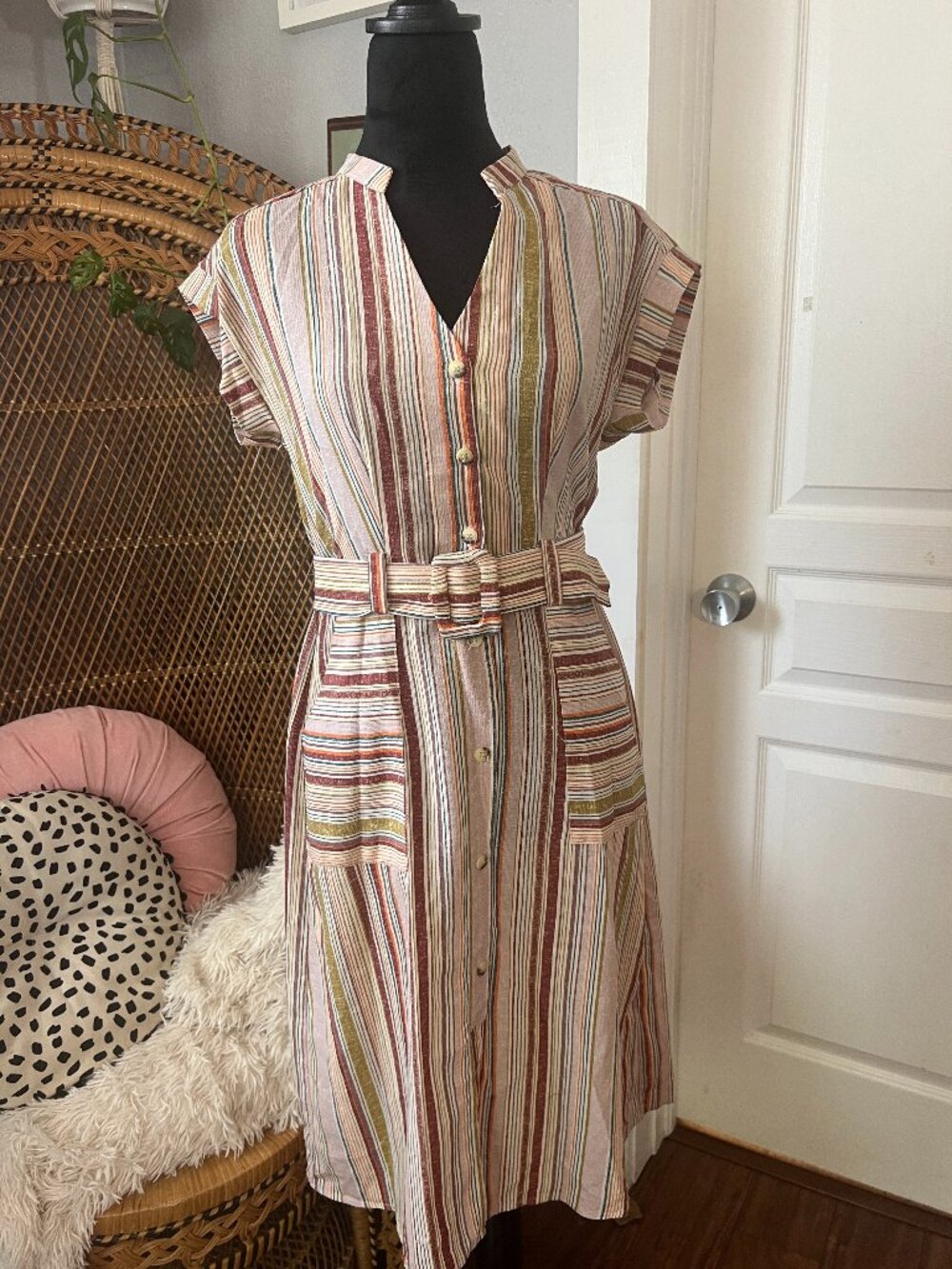Monteau Los Angeles Striped Button-Front Linen-Blend Midi Dress